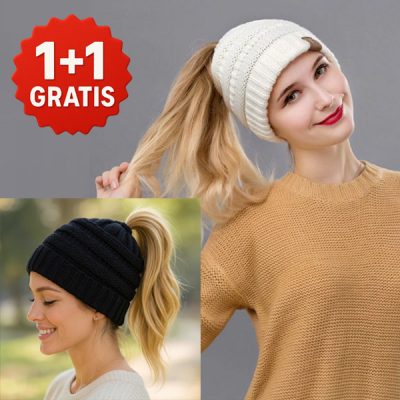 Pletena kapa z odprtino za čop | BEANIEHUT 1+1 Gratis